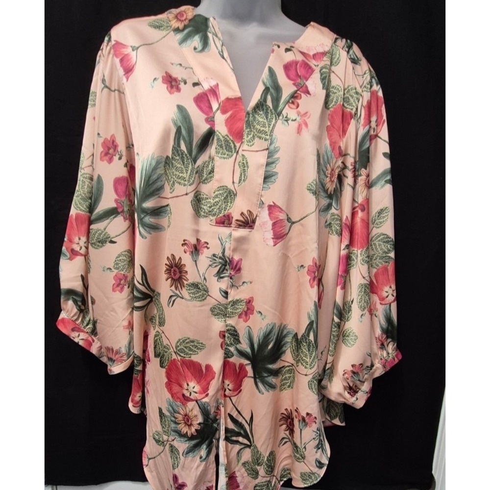 Chico's pink floral satin rollover blouse‎ balloon sleeves V-neck sz 16 tropical